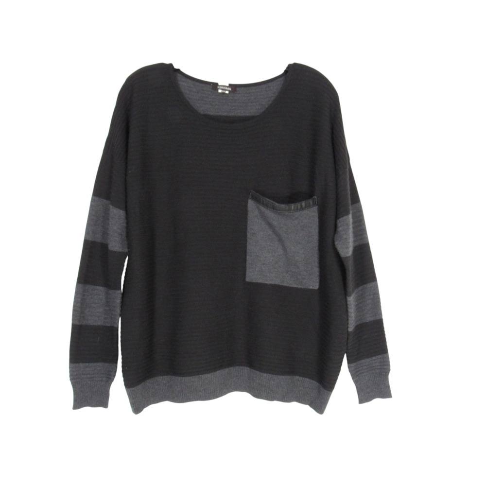 KERISMA Black/Gray WOOL RIBBED KNIT Stripes FAUX LEATHER TRIM POCKET Sweater S/M